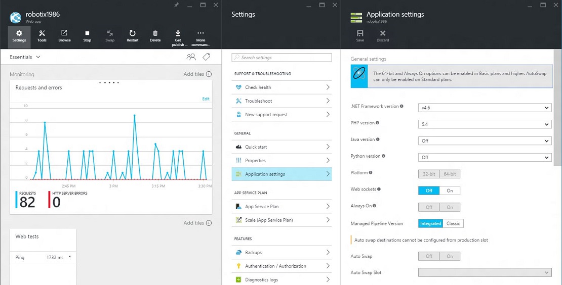Azure Web App and Settings blades