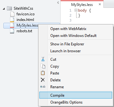 Context menu to compile LESS file into a CSS file