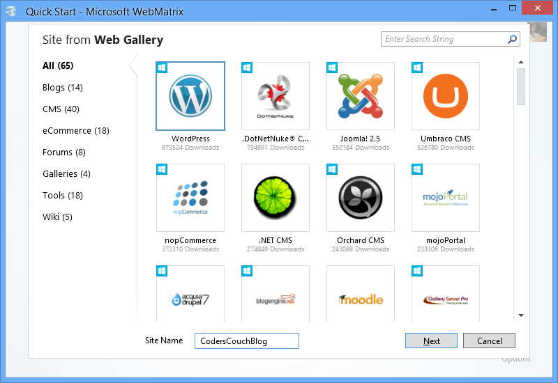 WebMatrix 3 App Gallery Dialog