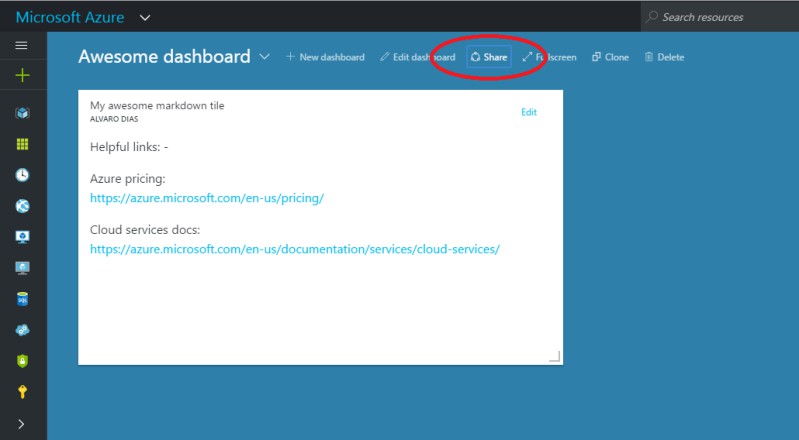 Azure Portal dashboard - Click share button