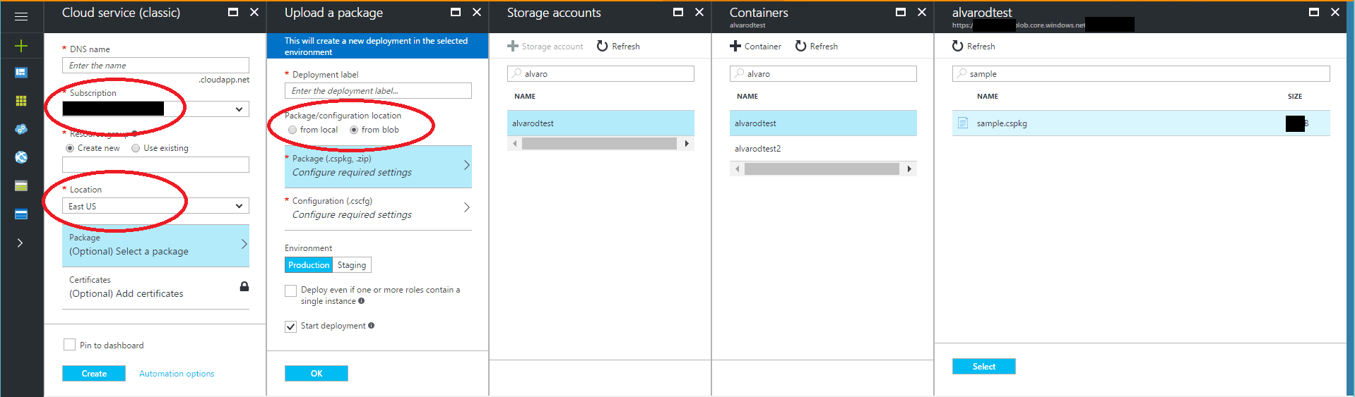 Select a package.cscfg from blob storage