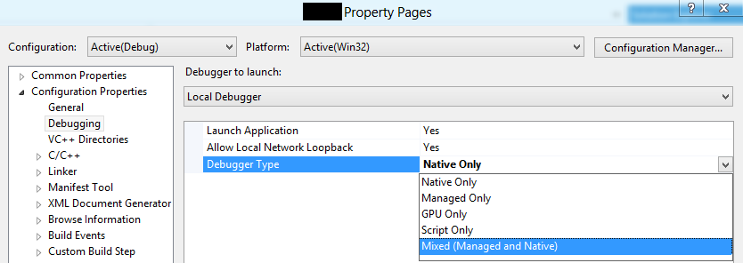 C++ property page showing debugger type option