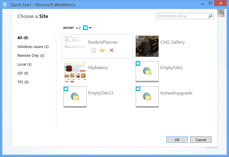 WebMatrix 3 My Sites Dialog