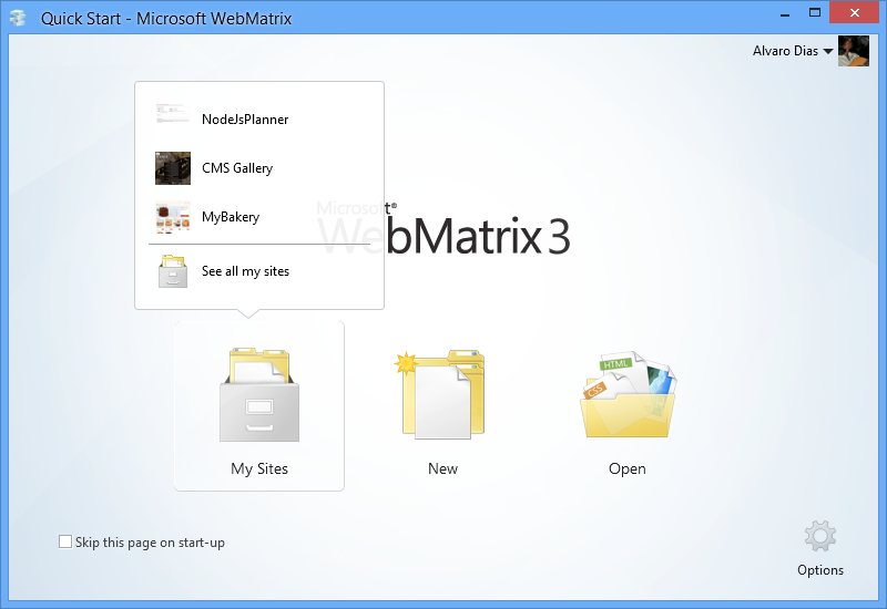 WebMatrix 3  Start Page With My Sites Popup Open